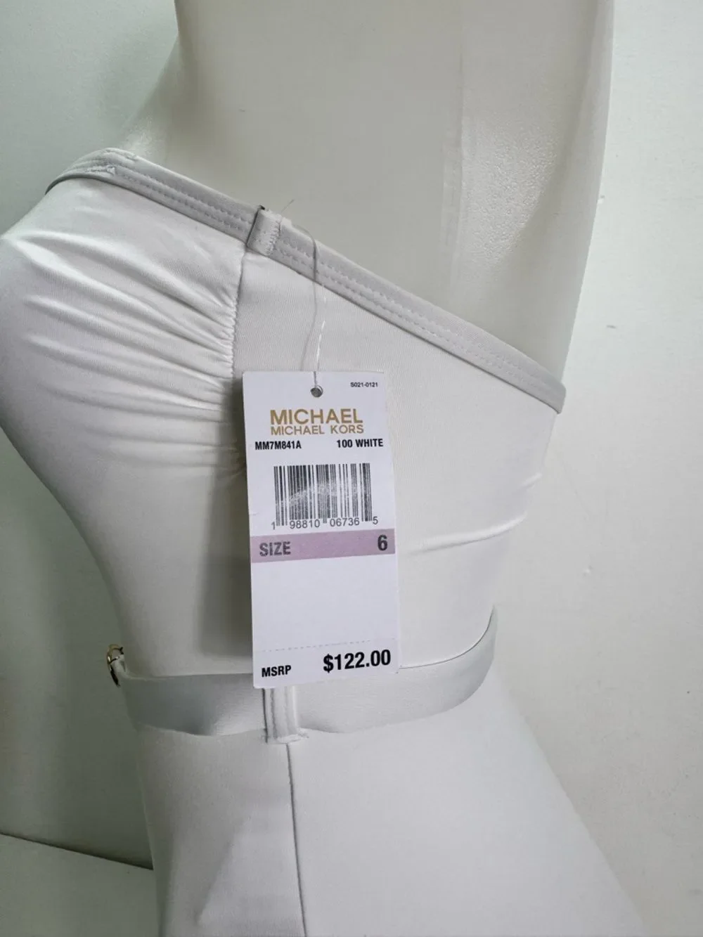 Michael Kors White Strapless One-Piece Swimsuit with Gold MK Ring Belt Sz 6 NWT